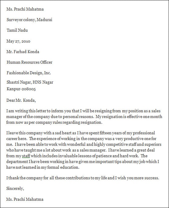 resignation letter format in word